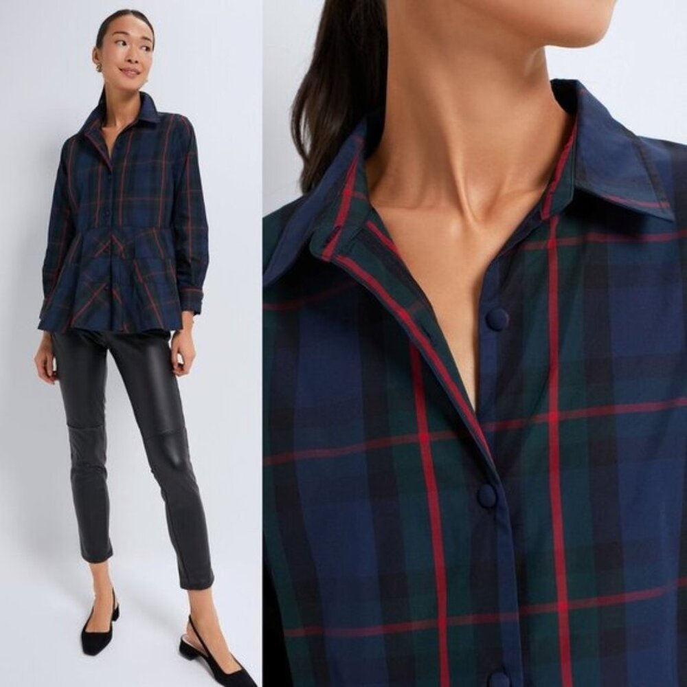 Pomander Place NEW Fraser Navy Plaid Ashlen Peplum Long Sleeve Blouse Top Size L - Picture 3 of 9